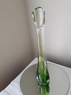 Buy Art Glass Vase Mid Century Vintage In Green And Clear Glass In Good Condition • 11.99£