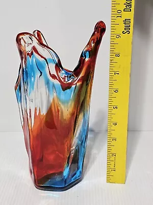 Buy Vtg. Murano? Art Glass Hand Blown Handkerchief  Vase Red Blue Orange Nice 9.5  • 138.21£