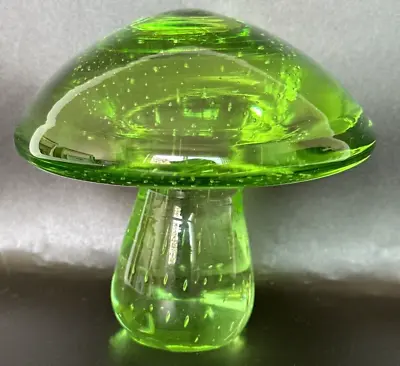 Buy 1950s Murano Vaseline Green Bubbled Glass Mushroom Figurine Paperweight • 207.47£