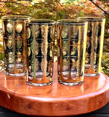 Buy Vintage Culver Pisa Collins Glasses 22k Gold Crackle Textured Overlay Set Of 4 • 72.89£