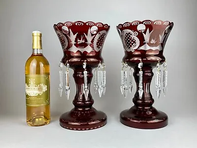 Buy Pair Superb Large Overlaid Ruby Red Bohemian Cut Glass Vases Lusters Clear Drops • 145£