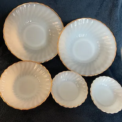 Buy Vintage Anchor Hocking Bowls Milk Glass Gold Rim Lot Of 5- 2 8.5  1 6  2 4.5   • 19.27£