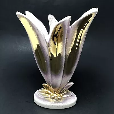 Buy Mid Century Pottery Floral Fan Vase Gold Lavender • 24.07£