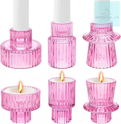 Buy Mineup 2 In 1 Glass Candle Holder Set Of 6 Clear Pink Vintage Candlesticks For • 13.51£