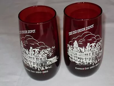 Buy Lot 2 Ruby Red Glass Tumblers Old Union Depot Nelson Art Kansas City 1850-1950 • 17.26£