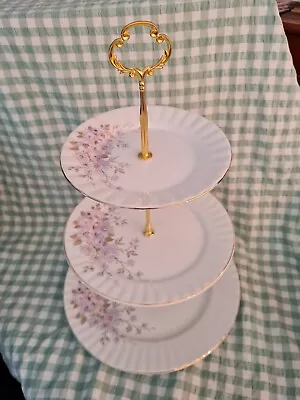 Buy Vintage Royal Stafford Bone China Young Summer Purple Flower 3 Tier Cake Stand • 19.99£