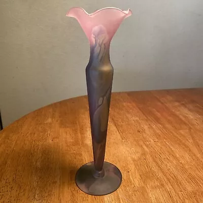 Buy Vintage Nouveau Art Glass Hand Painted Rueven Bud Vase 8.5” Frosted Purple Pink • 33.07£