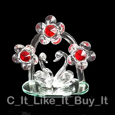 Buy Crystal Swans Cut Glass Clear Ornament/Figurines Red Daisies Flowers Collectable • 14.98£