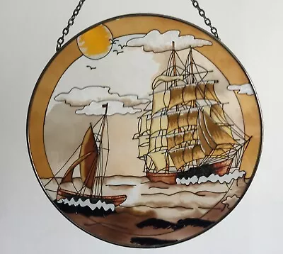 Buy Imperfect- Round Stained Glass Window Ornament To Hang In Window Or Wall Ship • 9.99£