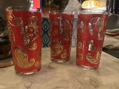 Buy 3 Vintage MCM Culver Red & 22K Gold Paisley Tumblers Highballs Drinking Glasses • 33.62£