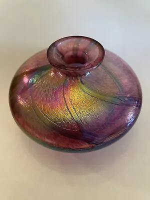 Buy Hand Blown Iridescent Art Glass Squatty Vase • 38.41£