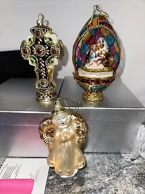 Buy 3 Large Blown Glass Nativity Jeweled Cross Angel Ornaments Valerie Parr Hill New • 82.11£