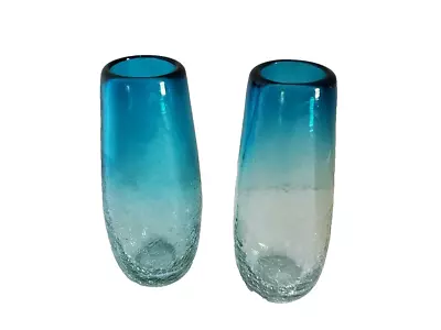 Buy Pair Of Vintage Hand Blown Crackle Glass Blue Ombre Vases (2 Pieces) • 48.16£