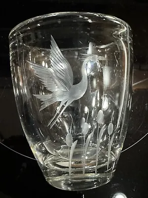 Buy Vintage Swedish Crystal Vase Etched Heavy Glads Heron Crane Bird Cattails 4” EUC • 20.86£