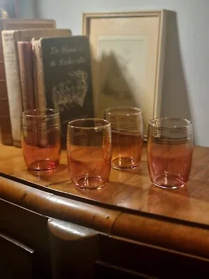 Buy Set Of Four Vintage Mid Century Cocktail Mini Bar Pink Gold Gilt Pattern Glasses • 14.99£