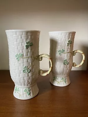 Buy Belleek Pottery (Ireland) Shamrock Irish Coffee Mugs, Basket Weave X2 • 45£