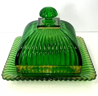 Buy Antique US Glass Butter Dish & Lid C1899 EAPG New York Green Rib Gold Accent JCS • 42.52£