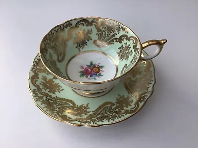 Buy Paragon Tea Cup Duo Green & Heavy Gold Antique Floral Design With Double Warrant • 48£
