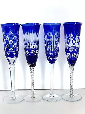 Buy Vintage Bohemian Cobalt Blue Cut-to-clear Champagne Flute Wine Glasses (4) Mint • 155.96£