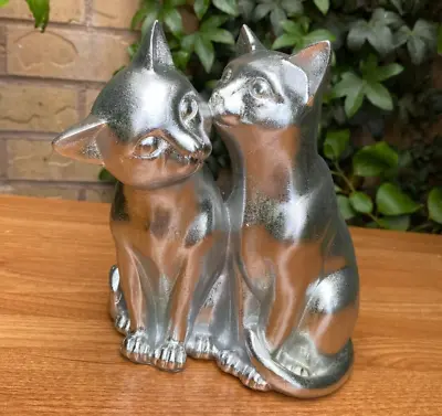 Buy Twin Cat Ornament Silver Colour Kissing Cat Silver Art Ornament Metallic Finish • 22.99£