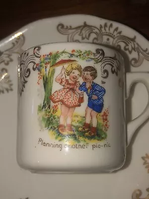 Buy Antique Unmarked Transfer Ware Children’s Cup &Saucer “Planning Another Picnic”. • 12£
