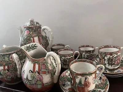 Buy Antique Chinese Canton Famille Rose Tea Pot, Tea Cups & Saucers (15pcs) • 180£