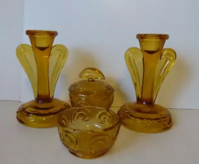 Buy Antique Art Deco Bagley Rutland Pressed Glass Candle Holders And Small Box • 20£