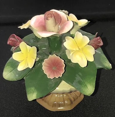 Buy Vintage Nuova  Capodimonte Pink/Yellow Flowers In Vase 4.5”  Marked Made Italy • 11.56£