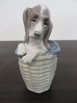 Buy Vintage Lladro 'Dog In A Basket' #1128 Retired 7.5  Tall Blue Grey Brown • 9.99£