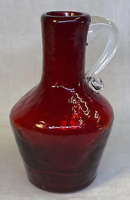 Buy Kanawha Hand Crafted Glassware Blown Red Crackle Glass Pitcher Clear Handle • 15.60£