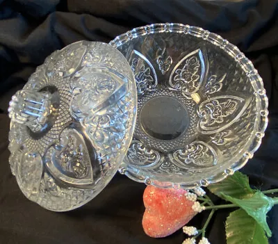 Buy Hearts Candy Dish Vintage Clear Pressed Glass Heart Roses Valentines Diamond Cut • 14.25£
