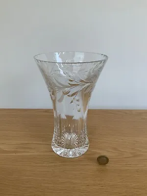 Buy Vintage Heavy Cut Glass 21cm Flower Vase With Leaf Design • 11.99£