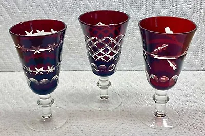Buy Art Glass ~ Bohemia ~ (3) Vintage Cut To Clear Ruby Red Footed Sherry Glasses  • 27.74£