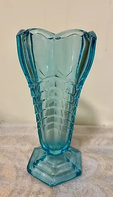 Buy Vintage Davidson Glass Art Deco Chevron Vase Large Size Turquoise Blue • 14.99£
