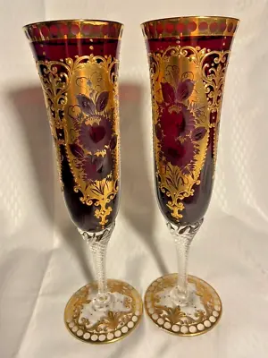 Buy 2  Bohemian Chrystal Ruby Red Champagne Glasses Artist Signed/Dated • 70.97£