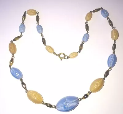 Buy Vintage Necklace Satin Glass Beads Blue & Beige Lovely Art Deco   • 10.56£