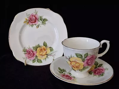 Buy Dainty English Bone China Yellow & Pink Roses Trio (Cup, Saucer & Cake Plate) • 3.60£