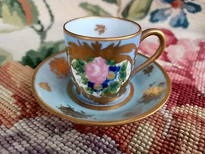 Buy Antique Limoges Sevres? Painted Floral Rose Gold Demitasse Porcelain Cup Saucer • 42.52£