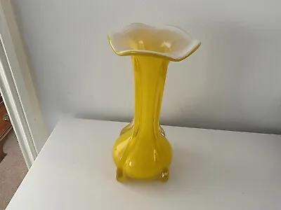 Buy Vintage Heavy Yellow White & Clear Glass Vase • 12.50£