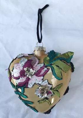 Buy Gold Heart Christmas Decoration Luxury Glass & Embroidered Fabric Heart Bauble • 3.50£