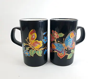 Buy Dunoon Stoneware Black Mug Set, Butterflies On Flowers, Made In Scotland Vintage • 19.99£