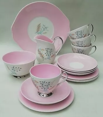 Buy Vintage Queen Anne Pink Glade Tea Set - Trios X 4, Cake Plate, Milk & Sugar • 27.99£