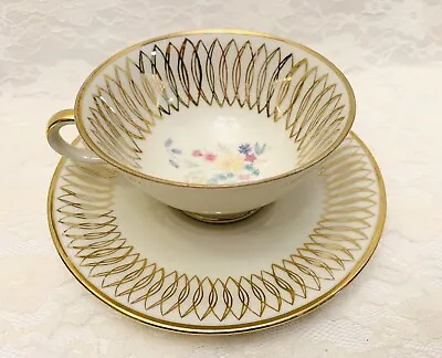 Buy Bavaria Elfenbein Porzellan Footed Tea Cup & Saucer Gold And Floral Mid-Century • 8.87£
