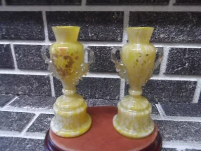 Buy Pair Of Bohemian Lemon Yellow White Glass Vases • 27.50£