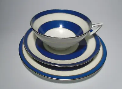 Buy Vintage Mintons China Art Deco Cup Saucer Plate Trio, Blue & Silver Stripes • 5.95£