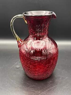 Buy Hand Blown Crackle Glass Ruby Red With Applied Amber Handle Vase Pitcher 6  Tall • 7.59£