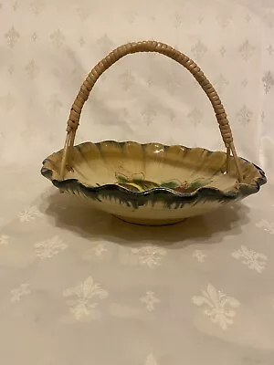 Buy Vintage Signed Puigdemont Studio Pottery Fruit Bowl / Basket With Wicker Handle • 39.99£
