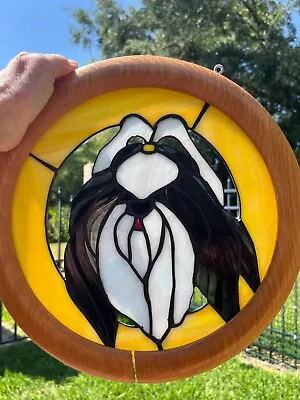Buy Hand Made STAINED GLASS Panel SHIH TZU Black & White In Round Oak Frame 12 3/4  • 43.42£