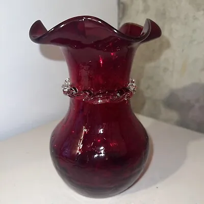 Buy Kanawha Ruby Red Crackle Glass Vase With Applied Rigaree Scroll Decor Vintage • 38.31£