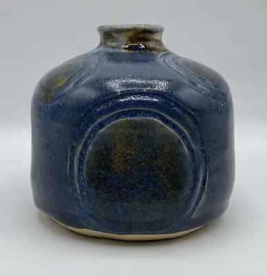 Buy Hand Thrown Studio Art Pottery Vase 4” X 3.75” Blue With Circles Signed Dated • 18.94£